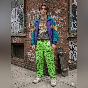 Vintage 90s Gecko Hawaii MC Hammer Hawaiian Style Baggy Neon Green Pants Retro